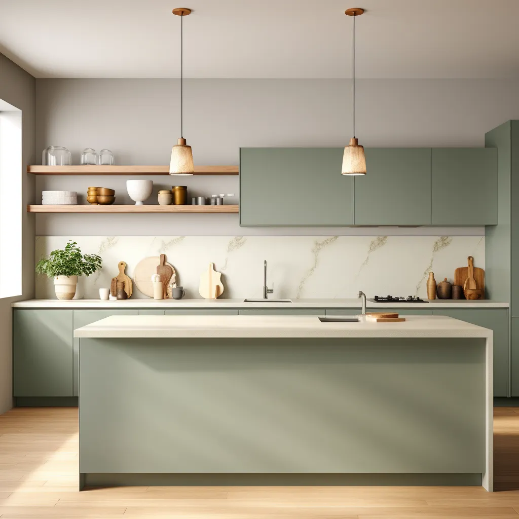 modern handleless matte sage green painted kitchen cabinets with white countertop