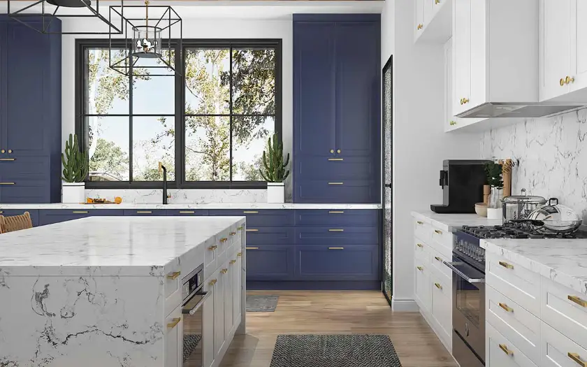navy blue and white shaker kitchen design