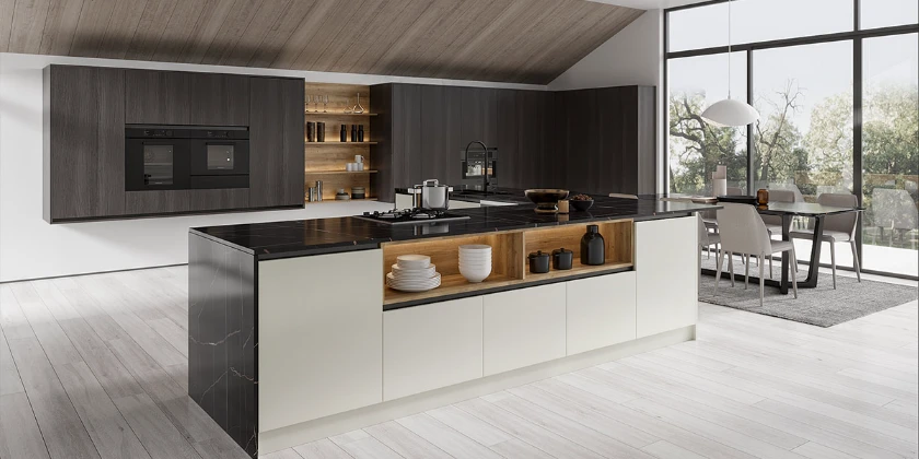 modern handleless white kitchen cabinets with black countertop