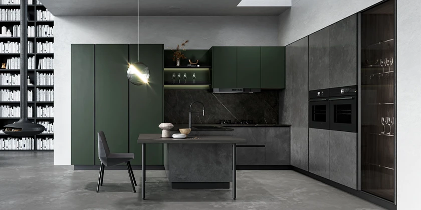 modern grey and dark green peninsula kitchen design