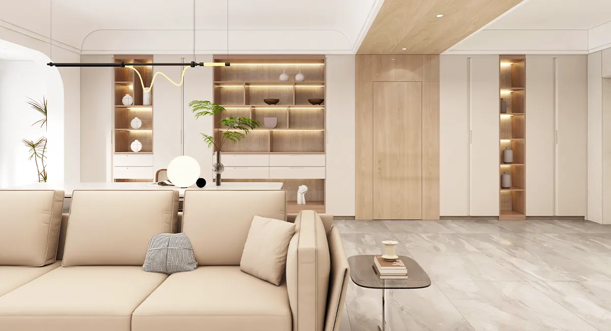 modern white and light wood living room cabinets