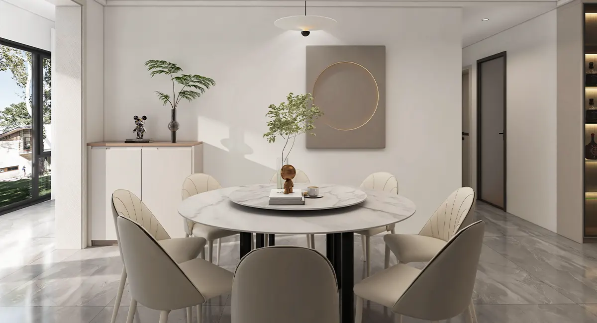 round dining table and side cabinets