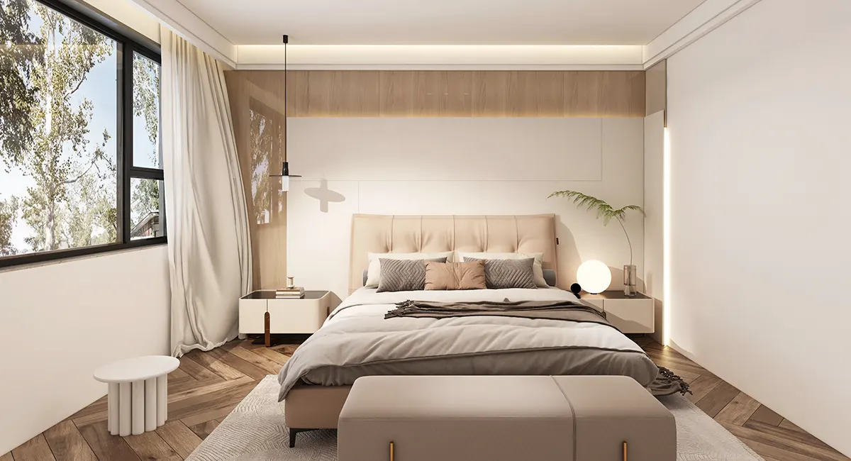 white and light wood bedroom design
